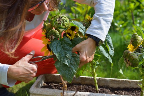 Insured gardening team conducting a site risk assessment and placing safety signs