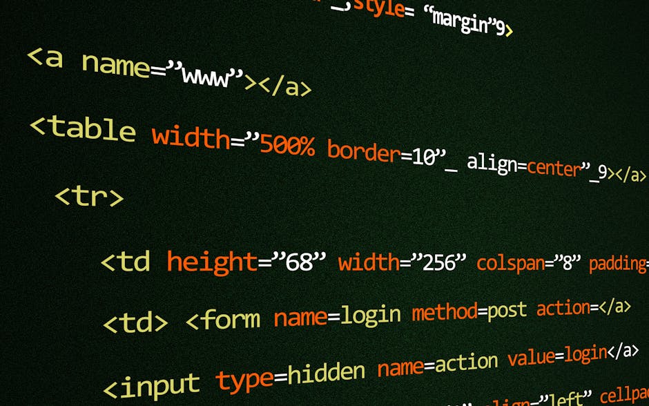 A close-up photograph of a computer screen displaying HTML code with brightly colored syntax highlighting in shades of yellow, green, and white on a dark background. The code shows navigation elements